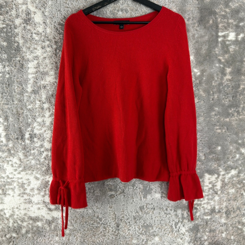 Ann Taylor Size L 100% Cashmere Ribbed Tie Cuff Pullover Sweater Red Long Sleeve